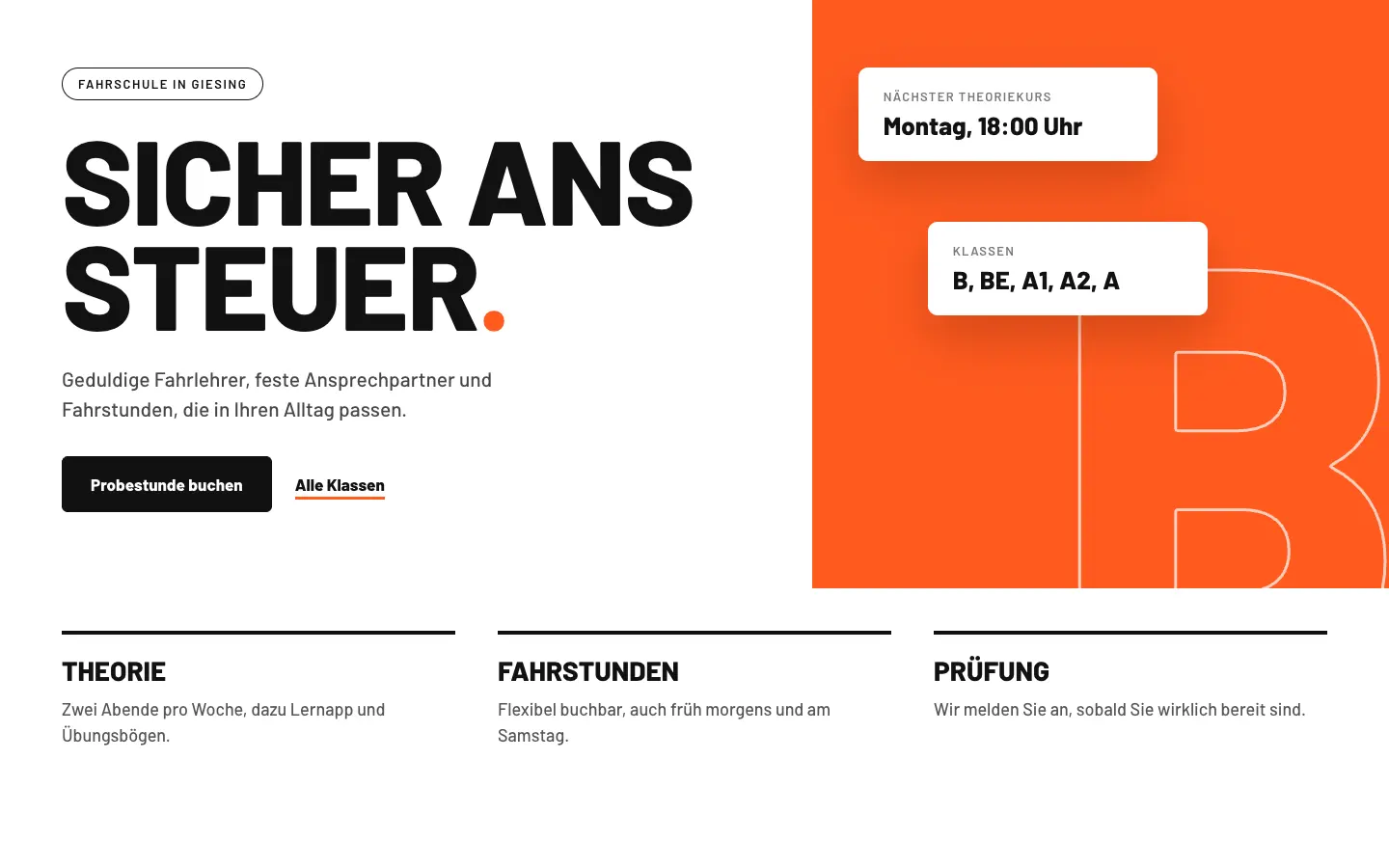 Beispielentwurf für die Fahrschule Beispiel, Startseite